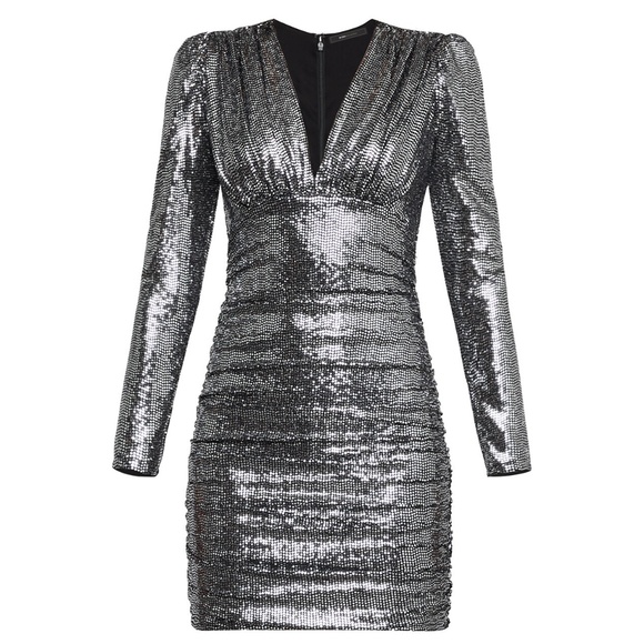 bcbg metallic ruched dress